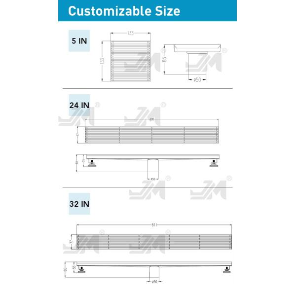 24 Inches Linear Shower Floor Drain With Removable Bars Pattern Grate