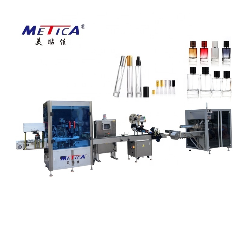 1800bph fully automatic perfume bottle filling crimpping labeling  boxing machine