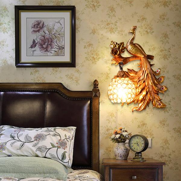 Vintage Creative Art Deco Peacock Resin Wall Lamp Gold Vanity Luxury Bedroom Wall Light（WH-VR-62）