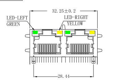 LPJE201AHNL 1x2 rj45 Jack Dual port, Side Entry 8P8C R/A Shield With LED