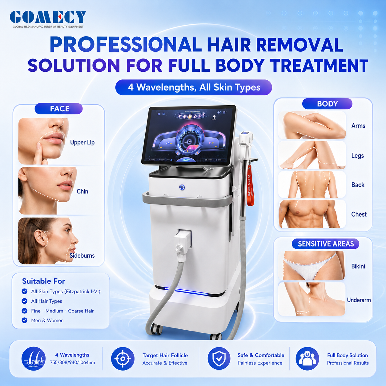 Gomecy High Power Diode Laser Hair Removal Machine 1600W 4 Wave Laser Equipment with Multi Cooling System for Salon Spa Clinic Use