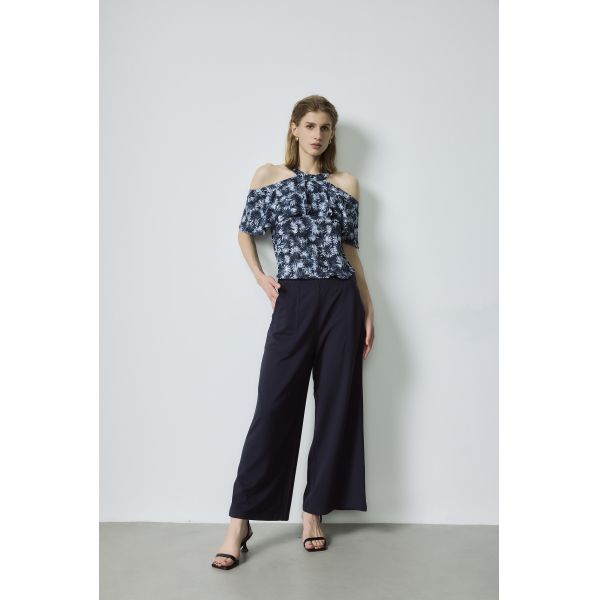 Printed Off Shoulder Neckline Top Customization Black Wide Leg Pant Set