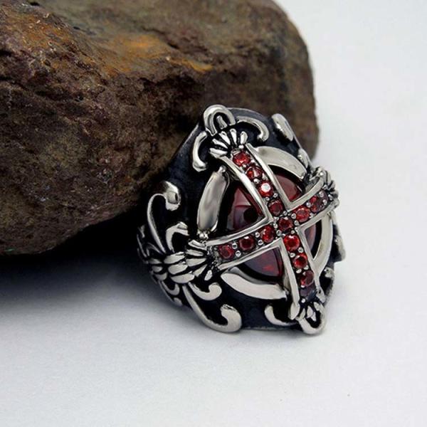 Men's Vintage Old Silver Plated Titanium Stainless Steel Ring Red Cubic Zircon Gothic Cross(SA240)