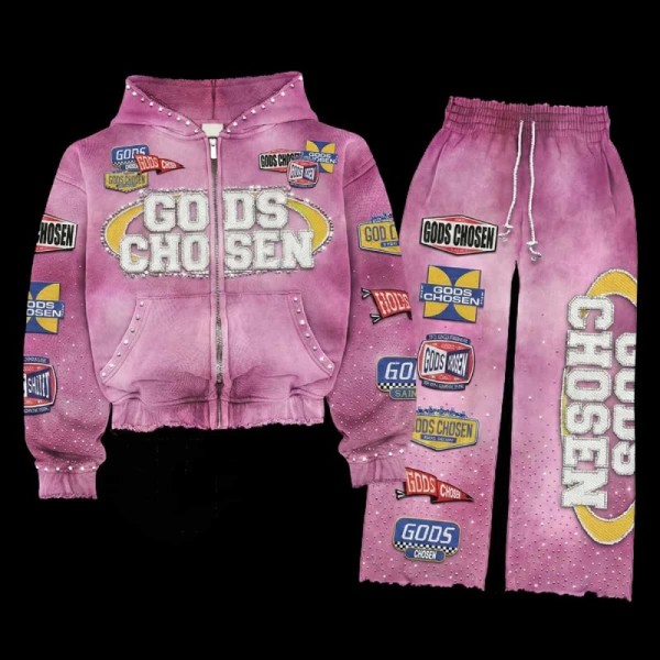 Vintage Acid Wash Heavyweight Rhinestone Patchwork Tracksuit Set