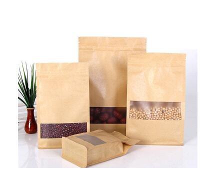 Grocery Stand Up Customized Design Food Packaging Rectangular Flat Bottom Side Gusset Kraft Paper Bag With Zipper