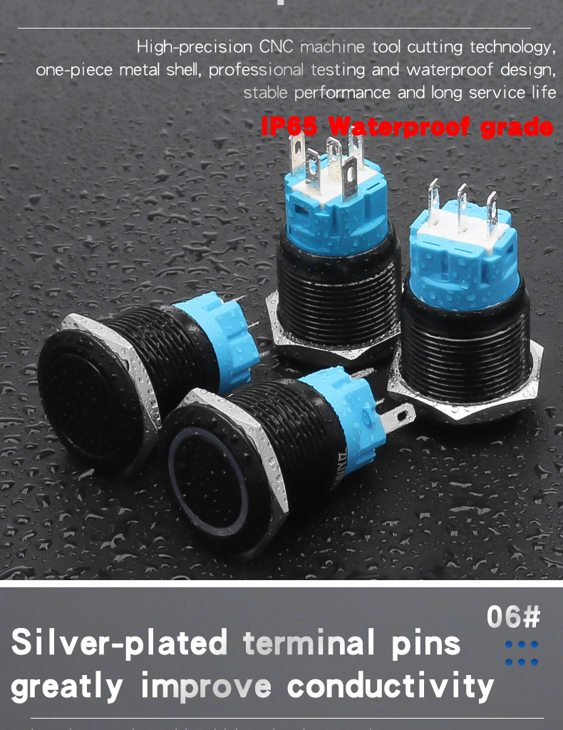 19mm Metal Push Button Switch 1NO1NC Oxidized Black Shell Waterproof Momentary Latching Button Switch High/Flat Head Ring-LED