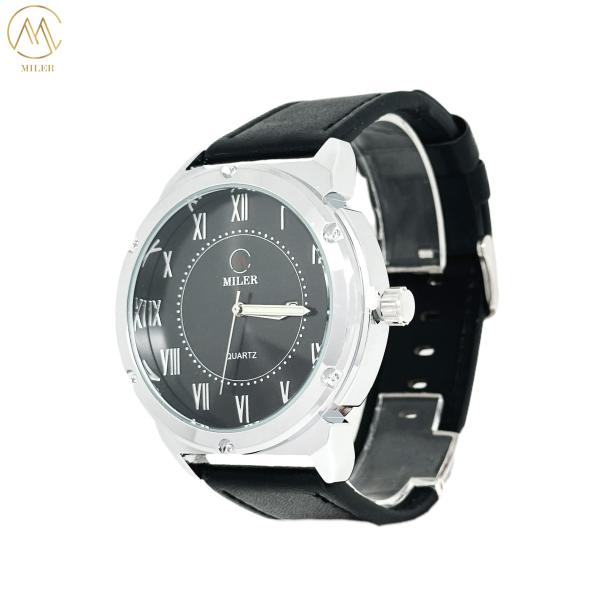 Vente à chaud alliage blanc métal noir quartz montre à mouvement avec sangle en cuir