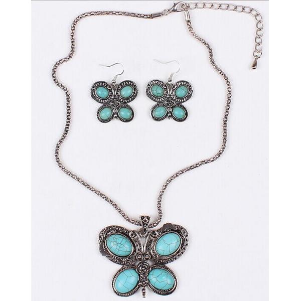 Turquoise jewelry set fashion personality three butterfly earrings necklaces bracelets