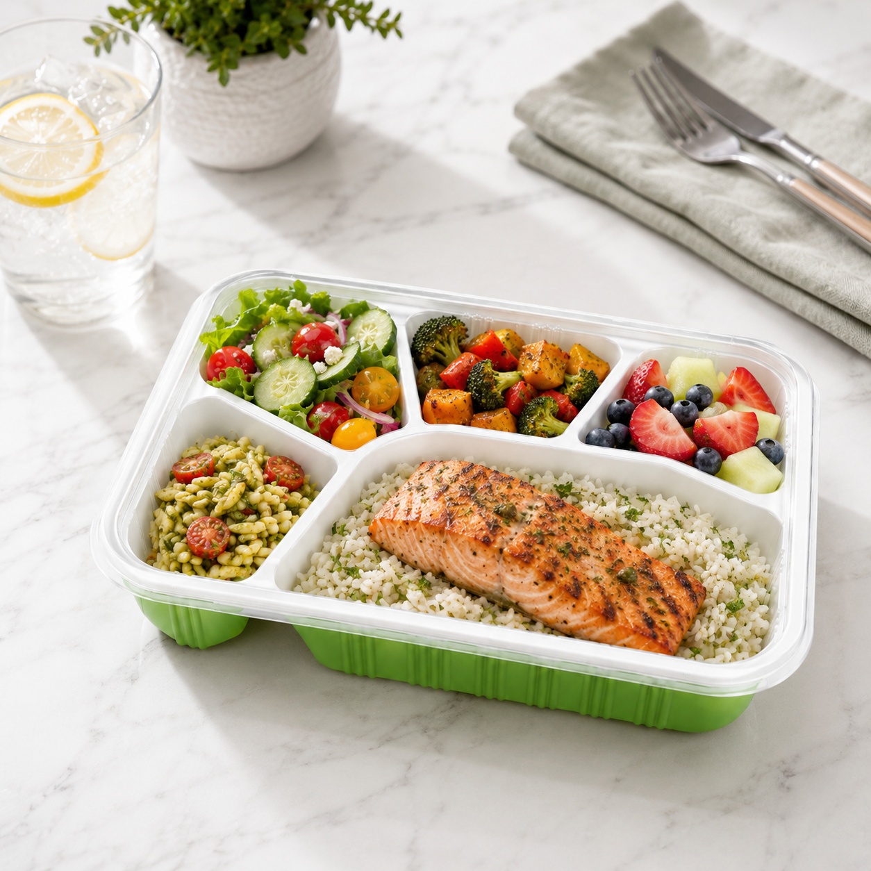 Meal Multi Compartment Trays Green Five Compartment PP Bento Box with Clear Lid