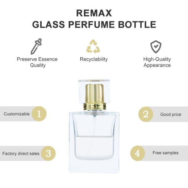 Embalagem cosmética de frasco de perfume de vidro de 50 ml com tampa de rosca dourada/preta