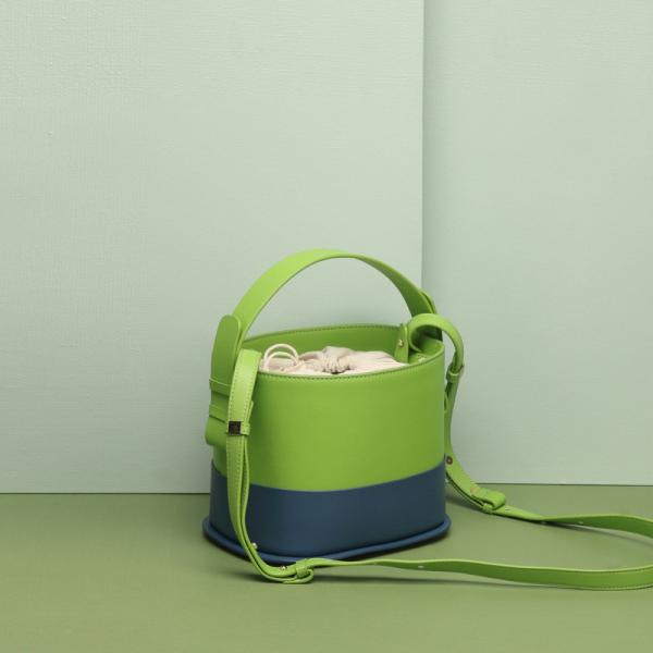 Green Bucket Handbags Cowhide Leather Multi Color Shoulder Bags For Women