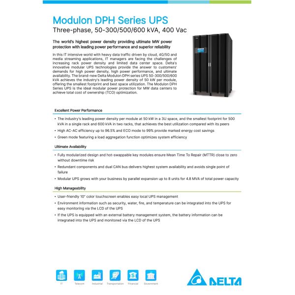 DELTA Modulon DPH Series 400KVA Three-phase Modular UPS for Data Center with 50kw Power Modules