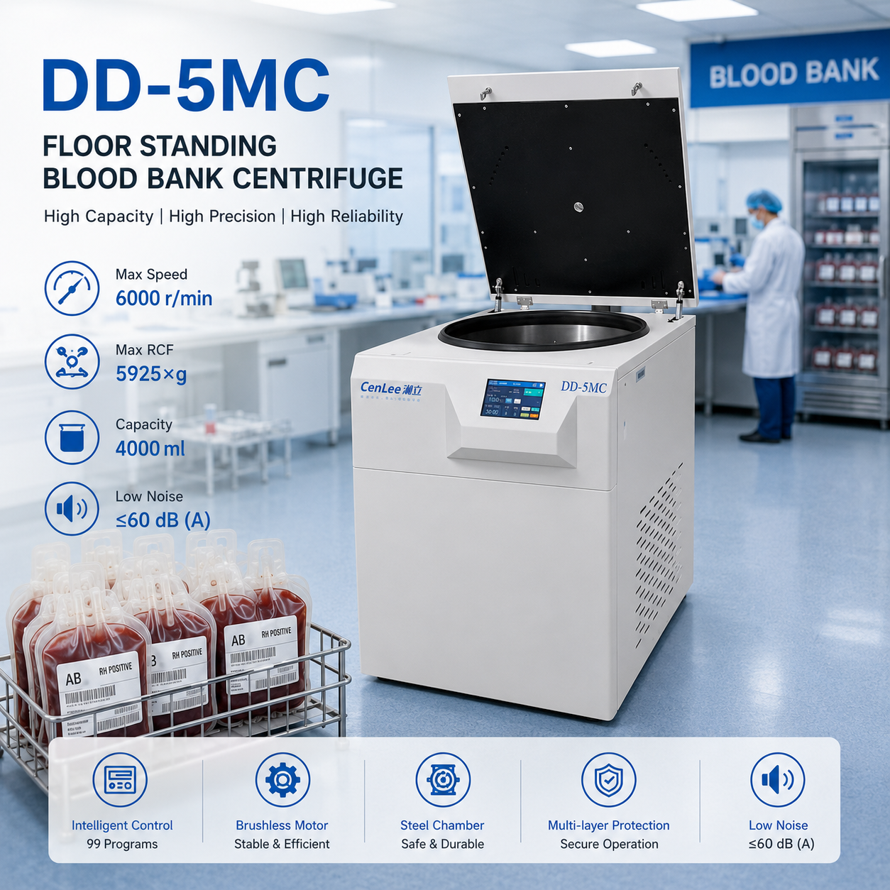 Factory Direct Heavy Duty Floor Centrifuge 6000rpm Max 4L Volume for Slurry Dewatering Beverage Defoaming Blood Bank Processing