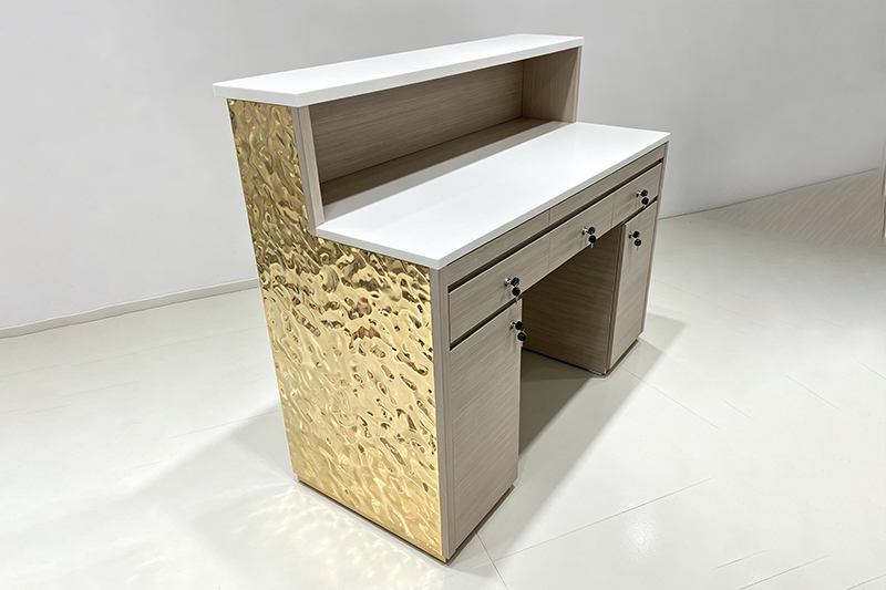 Luxury Water Ripple Gold Metal Reception Counter With Multi-Lock Storage & Custom Backlit Logo Panel