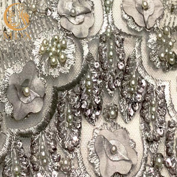 Grey Color 3D Flower Embroidery Dress Fabric 1 Yard Length