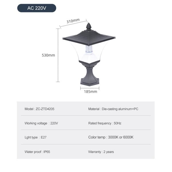 Die Cast Aluminium 30W Solar Pillar Light Garage Fence Decoration post lamp
