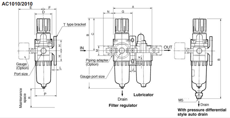 AC3010-02 1/4'' Filter Regulator Lubricator FRL Pneumatic Air Source Treatment