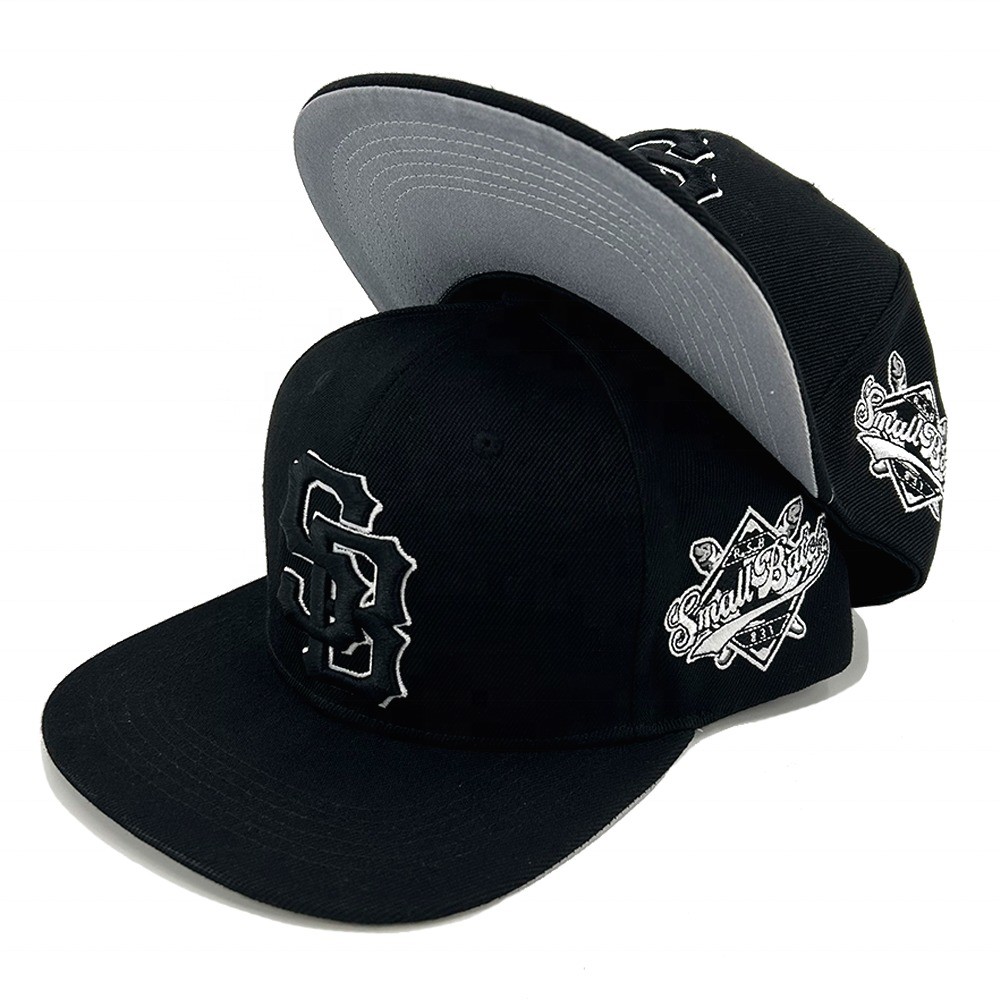 Custom 3D Embroidered 6 Panel Snapback Caps Flat Bill Brim Unstructured Adjustable