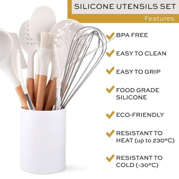 Silicone Kitchenware Wood Kitchen Tools With Wooden Handle 12pcs Set