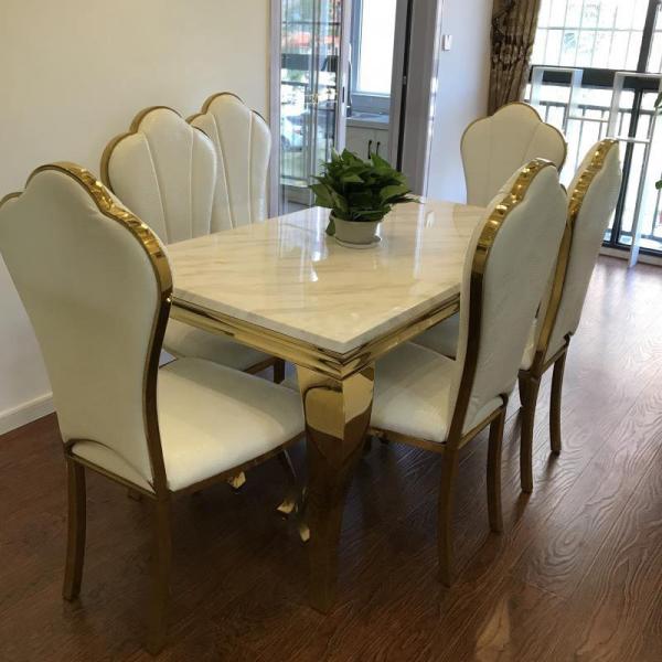 White Marble Dining Table And Chairs Set Stainless Steel Rectangle
