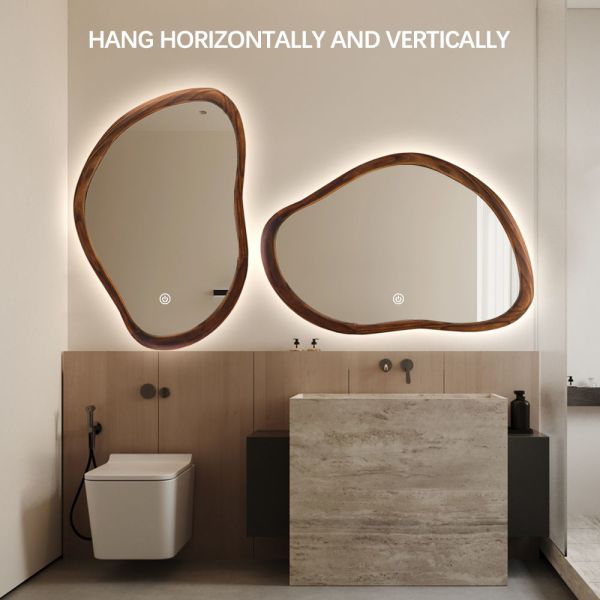 Walnut Wood Frame Irregular Bathroom Mirror 5mm With Edge Lighting Dimming
