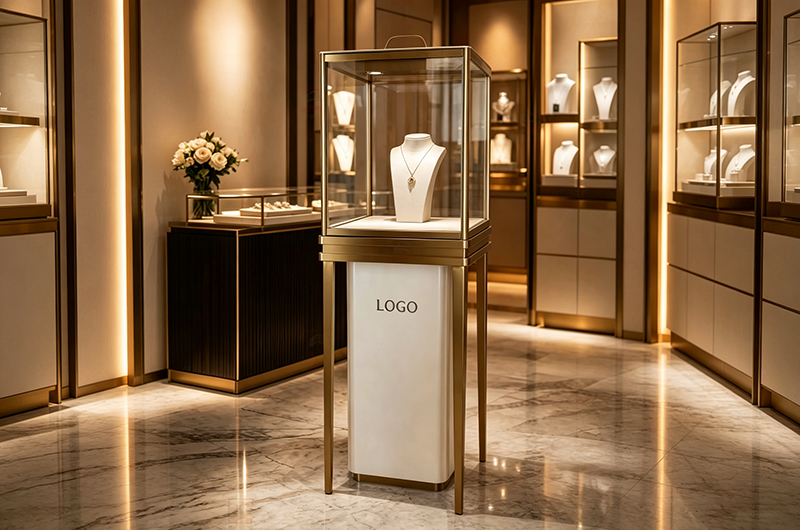 Freestanding Square Jewelry Display Cabinet with Four-sided Transparent Glass, Built-in Top LED Lighting, and Custom Brand Logo Printing