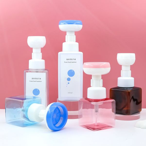 Plastic foam pump bottle with bionic flower foam pump head for dense foam and liquid-saving efficiency in 100ml to 300ml sizes