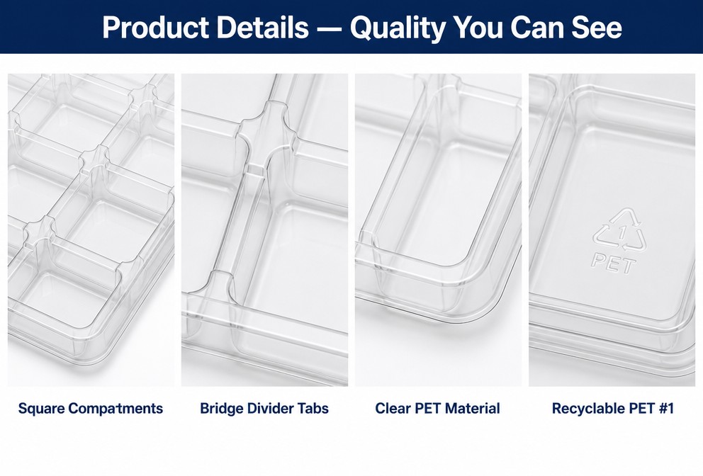 Clear PET Blister Tray Square Cell Bridge Divider Vacuum Formed Packaging Tray for Cutlery Hardware Tools Custom
