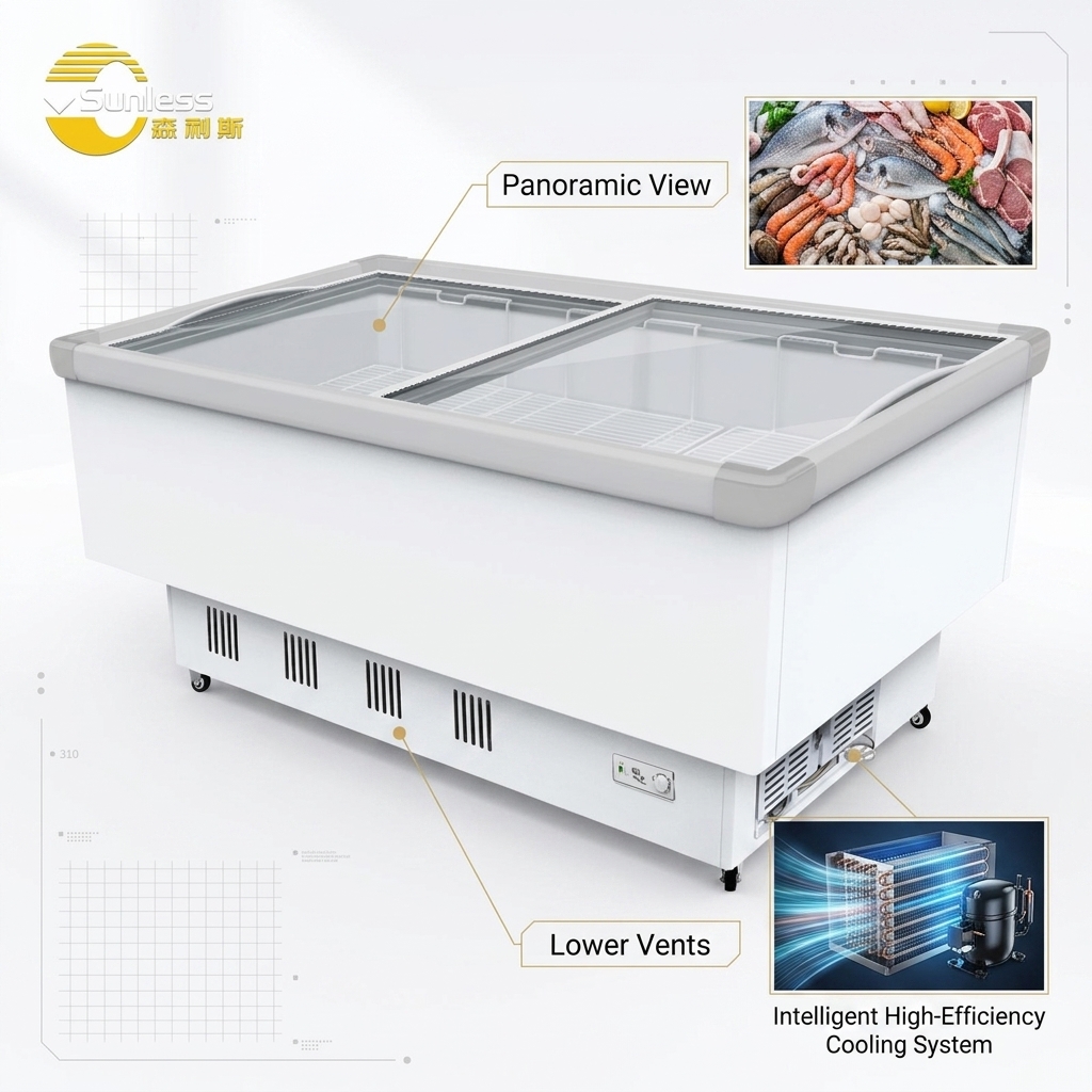 Direct Cooling Display Chest Freezer Sliding Door Commercial Ice Freezer