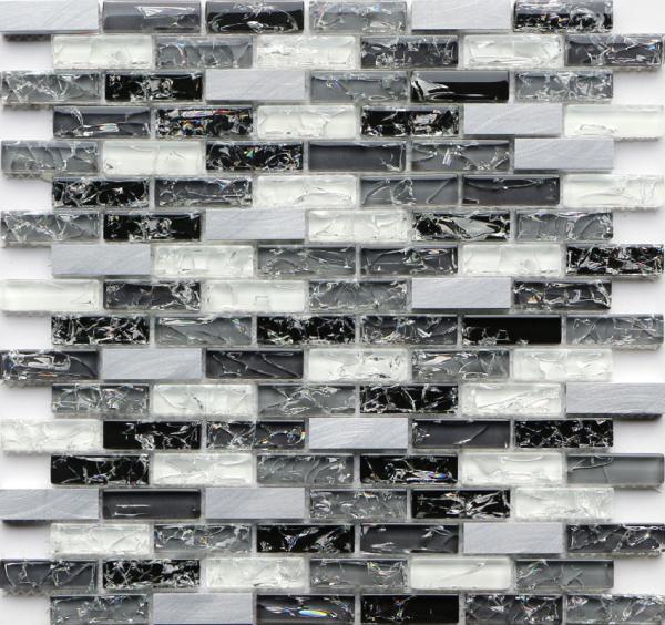 Black and white rectangle crack crystal glass mix metal mosaic tile