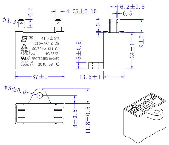 CBB61 250V 4,0UF конденсатор Четыре терминала быстрого подключения Передняя ложка Черный эпоксид