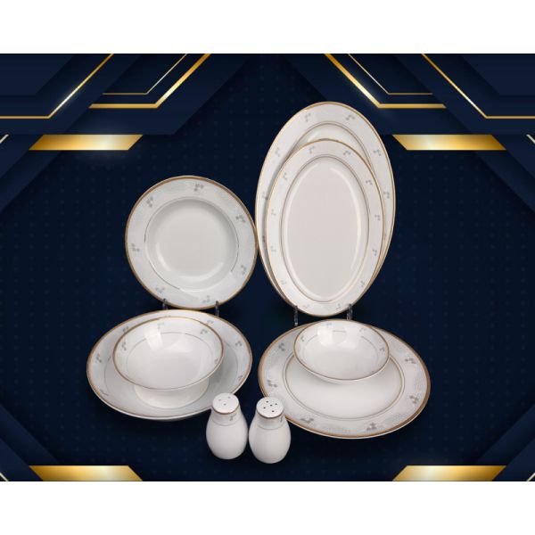 35pcs superwhite porcelain dinning set  with blue embossed flower and gold patterm