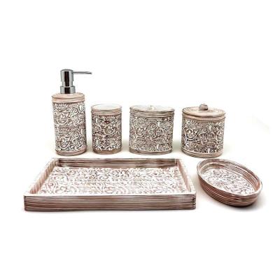 Floral Debossed Polyresin Bathroom Accessories Countertop Toothbrush Tumbler Set Hand Print Pattern