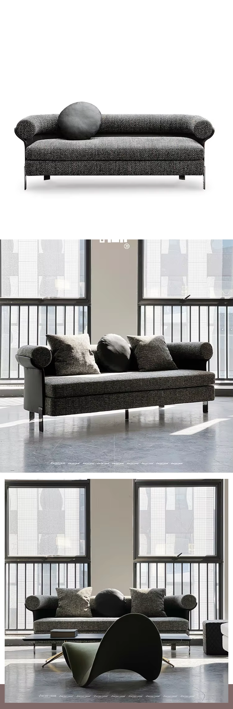 Light Luxury Modular Sofa Stainless Steel Base Linen Fabric Black 3 Seat Curved Sofa Chair for Apartment Lobby