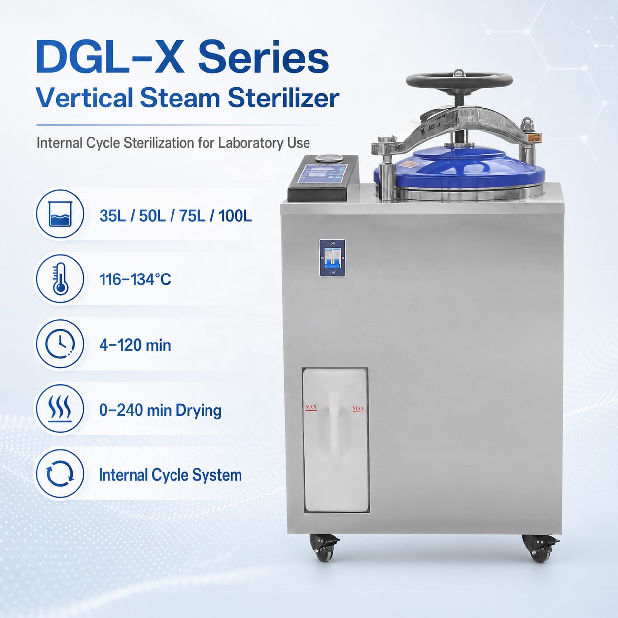 Cenlee OEM Laboratory Internal Cycle Steam Sterilizer 35-100L SUS304 116-134°C Digital Control Vertical Autoclave