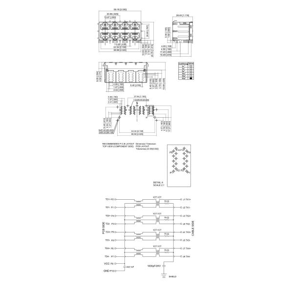 1000 Base T Through Hole 8 Port Rj45 Connector 2x4 Ports With Integrated Magnetics