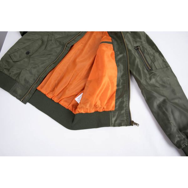 Army Green Lightweight MA-1 Bomber Jacket with Orange Lining and Wind-Resistant Shell