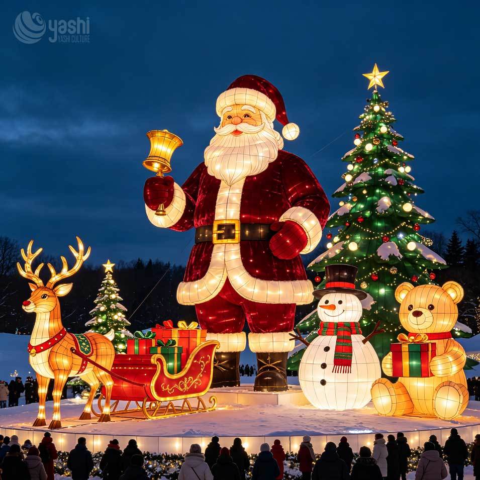 Custom Giant LED Santa Claus Lantern Set, Outdoor Christmas Light Sculpture with Christmas Tree, Reindeer, Snowman & Teddy Bear, Support Customization