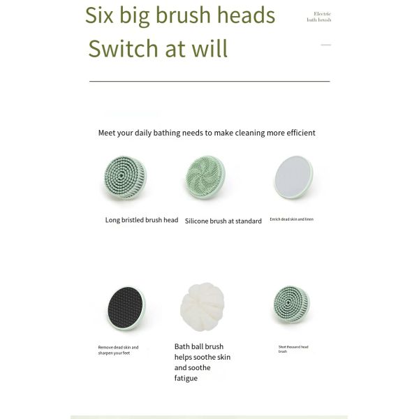 Waterproof Electric Shower Brush with 6 Heads and Long Handle for Deep Cleaning