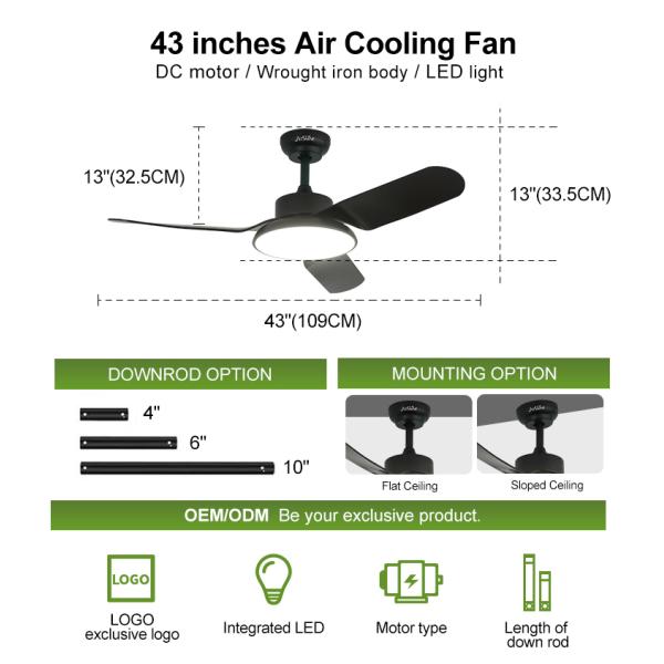 Ventilador de teto LED preto moderno de 43 polegadas com motor silencioso e função de ar condicionado