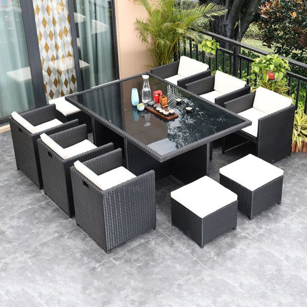 8 Seater Outdoor Rattan Chairs Courtyard Garden Space Saving Tempered Glass Coffee Table Set