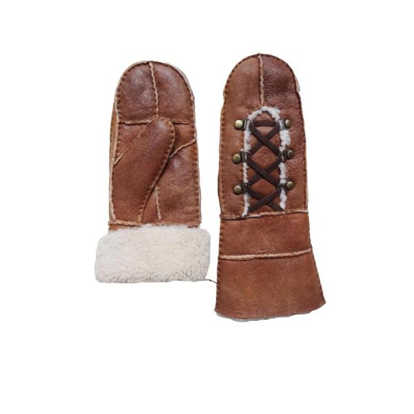 Wholesale Cheap Handsewn Patched Shearling Sheep Fur Lined Women Gloves Winter Warm Lambskin Scrap Leather Ladies Mitten