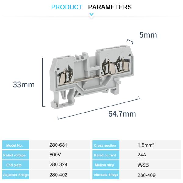 280-681 Spring Type Terminal Block 24A Rated Current Brass Screw Metal Easily Inserted
