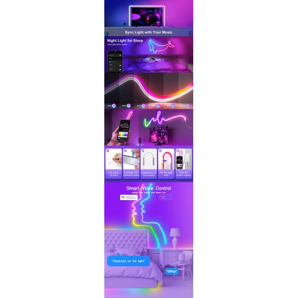 2000lm RGB Neon Light Strip 1m 2m 3m 5m Tuya WiFi App Control IP67 5V Input for Music Sync Games