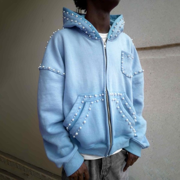 Double Layer Full Zip Rhinestone Hoodie Bonded Structure Drop Shoulder Rhinestone