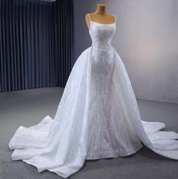 Elegant Beaded Spaghetti Straps A-line Court Train Boat Neck Lace-up Mermaid White Sequins Long Wedding Dress
