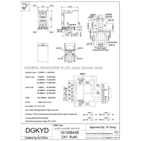 10/100 BASE 2x1 offset magnetic Network Connector, stacked rj45 modular jack