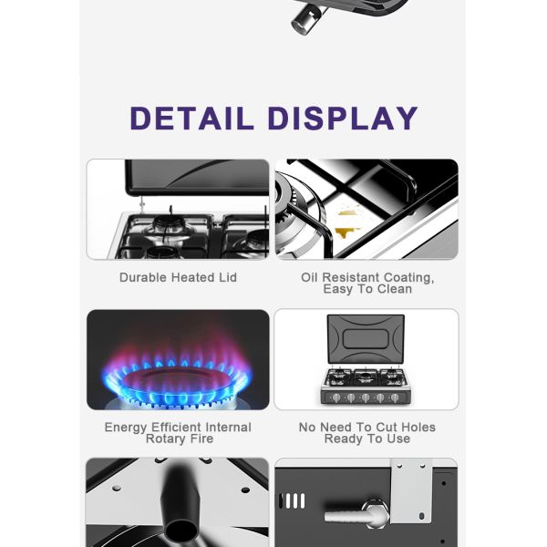 Commercial Grade Five Burner Gas Stove with Removable Drip Trays and Flame Supervision Device Ensuring Safety and Convenience