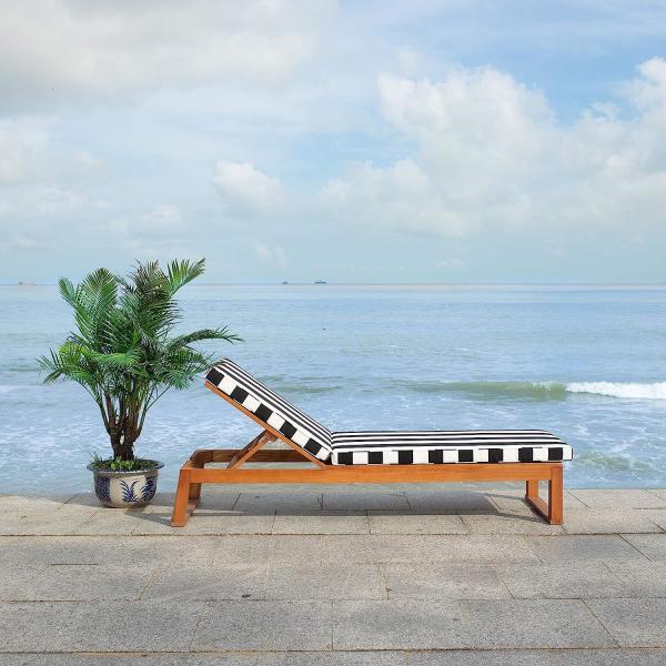 Outdoor Patio Adjustable Wood Chaise Lounge Recliner | Textilene Lounge Chair | Reclining Lawn Chair for Lawn