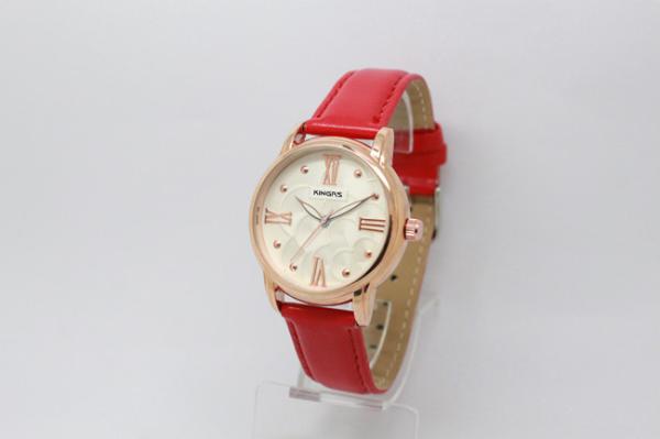 Round Alloy Case Leather Quartz Watch With Red Leather Band Big Face